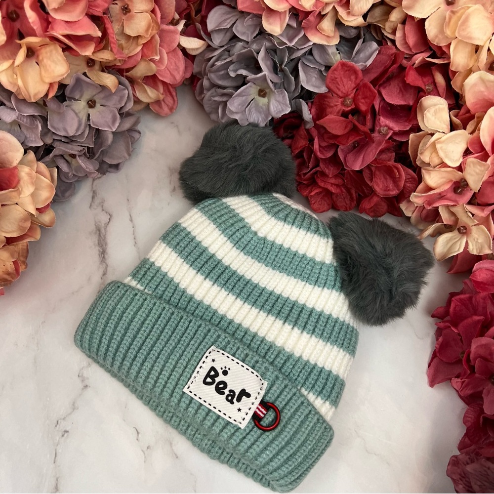 Infant Baby Mint Green Striped Winter Hat & Ring Scarf Set - Picture 6 of 15